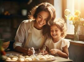 Mother cooking with her daughter at kitchen in a sunny day photo