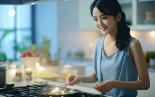 asiático mujer preparando desayuno en el cocina. foto