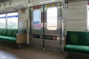 May 18, 2023, Jakarta Indonesia, interior of the Jakarta Commuterline train car or commonly called KRL with nobody and empty seat photo