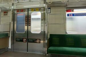 May 18, 2023, Jakarta Indonesia, interior of the Jakarta Commuterline train car or commonly called KRL with nobody and empty seat photo