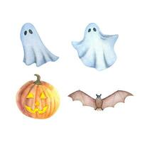 Hand drawn watercolor Halloween set. Watercolor jack o lantern, watercolor ghost, bat. vector