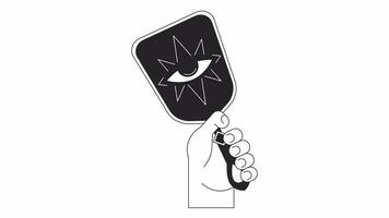 Holding esoteric mirror with magic eye bw outline 2D animation. Fortune telling 4K video motion graphic. Evil eye crying. Mysticism monochrome linear animated cartoon flat concept, white background