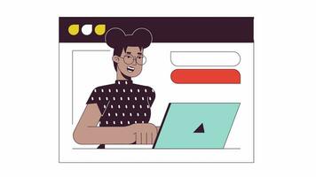 Black woman on web meeting line 2D animation. Virtual student. African american girl on laptop 4K video motion graphic. Internet generation linear animated cartoon flat concept, white background