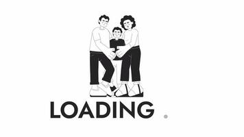 Smiling mixed race family hugging black and white loading animation. Latino father and mom embracing son outline 2D cartoon characters 4K video loader motion graphic. Parents kid waiting animated gif