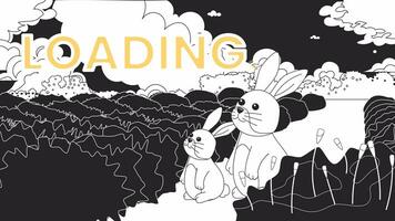 Rabbits in lavender field black and white loading animation. Bunnies watch fast moving clouds outline 2D cartoon characters 4K video loader motion graphic. Clouds gazing in summer waiting animated gif