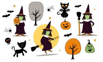 Set of elements for the holiday of Halloween. Witches on a broom, with a pumpkin, a black cat, a spider with a web, ominous gloomy faces. Vector graphics.