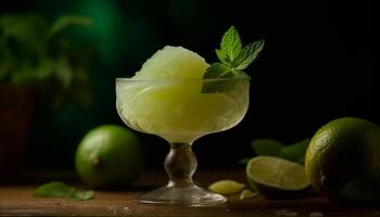 Fresh fruit cocktail with lime, ice, and mint leaf garnish generated by AI photo