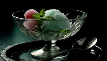 A refreshing summer dessert ice cream, fruit, and mint leaf   generated by AI photo