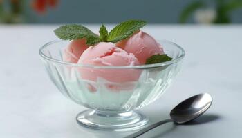 Freshness and indulgence in a bowl of frozen yogurt dessert generated by AI photo