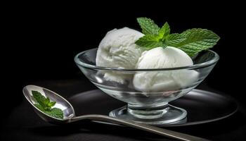 un refrescante cuenco de menta hielo crema en un negro plato generado por ai foto