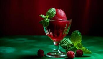 Fresh fruit cocktail with mint leaf, raspberry, and ice cubes generated by AI photo