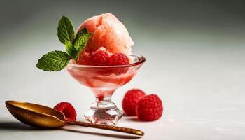 Freshness and sweetness in a bowl of raspberry ice cream generated by AI photo