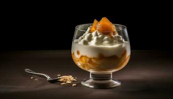 Fresh fruit dessert on wooden table with yogurt and honey generated by AI photo