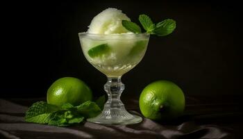 Fresh fruit cocktail with ice, lime, mint leaf, and alcohol generated by AI photo