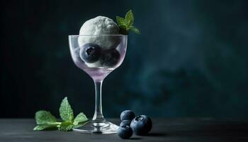 Fresh blueberry cocktail on wooden table with mint leaf garnish generated by AI photo