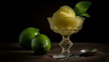 Freshness and sweetness in a gourmet lemon dessert on a wooden table generated by AI photo