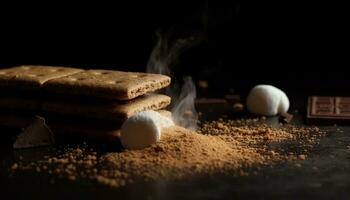 Close up of a dark chocolate cookie baking on a wood table   generated by AI photo