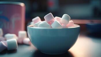 Close up of a gourmet dessert pink marshmallow stack on blue bowl   generated by AI photo