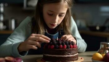 A cute girl enjoying homemade berry pie in the kitchen   generated by AI photo