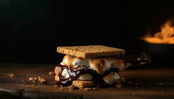 Homemade chocolate cookie on rustic wood table, ready to eat indulgence   generated by AI photo