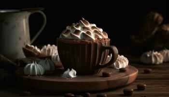 Coffee cup on wooden table, a gourmet indulgence in nature   generated by AI photo