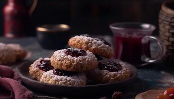 Homemade gourmet dessert Fresh blueberry muffin on rustic wooden table   generated by AI photo