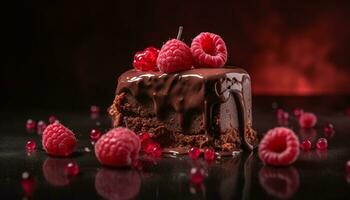 Homemade gourmet dark chocolate dessert with raspberry and strawberry generated by AI photo