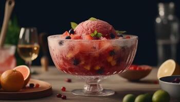 Freshness and indulgence in a bowl of gourmet raspberry ice cream generated by AI photo