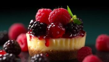 Freshness and sweetness in a homemade raspberry dessert on a table generated by AI photo