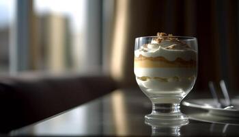 A gourmet dessert on a table, indulgence with whipped cream generated by AI photo