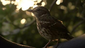 Bird perching on branch, feathers glowing in sunlight, nature tranquility generated by AI photo