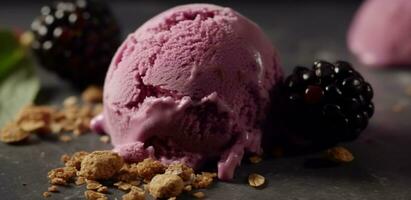 Indulgent frozen dessert pink raspberry ice cream with chocolate gourmet scoop   generated by AI photo