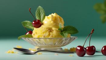 Freshness and sweetness in a bowl of gourmet ice cream generated by AI photo