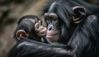 Primate family sitting in African rainforest, staring with love generated by AI photo