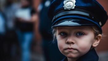 un linda caucásico niño en un policía uniforme, sonriente felizmente generado por ai foto