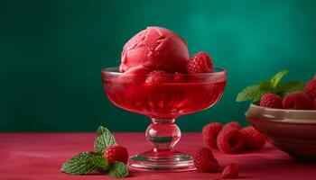 Freshness and sweetness in a bowl of gourmet raspberry dessert generated by AI photo
