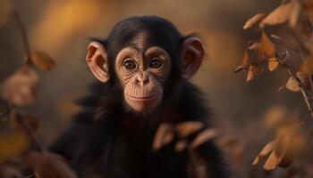 Cute monkey sitting on a tree branch, looking at camera generated by AI photo