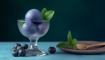 Fresh blueberries on a wooden table, a sweet and healthy snack generated by AI photo