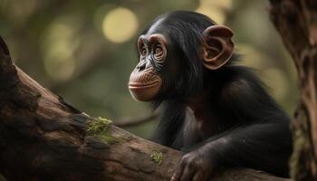 Cute monkey sitting on tree, looking at camera in forest generated by AI photo