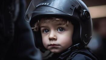 Cute child wearing a sports helmet, looking at camera outdoors generated by AI photo