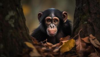 Cute monkey sitting on a tree branch in tropical rainforest generated by AI photo