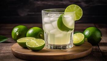 Refreshing lime drink with citrus fruit, ice, and lemon slice generated by AI photo