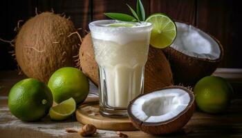 Fresh coconut milk, a tropical drink for a healthy summer generated by AI photo