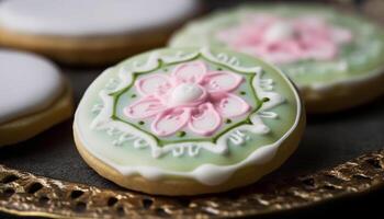 hecho en casa gastrónomo Galleta con vistoso Formación de hielo, un dulce indulgencia generado por ai foto