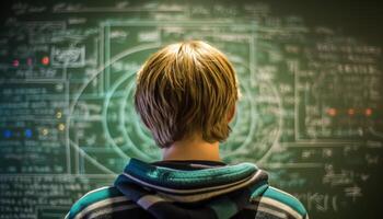 A young adult engineer coding, sitting in a futuristic skyscraper, working generated by AI photo