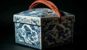 Wooden box with intricate embroidery, symbolizing ancient indigenous culture generated by AI photo