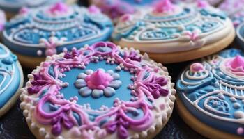 Homemade dessert pink cupcake with chocolate icing and colorful decoration generated by AI photo