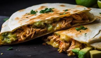 Freshly cooked beef taco on a wooden plate with guacamole and cilantro generated by AI photo