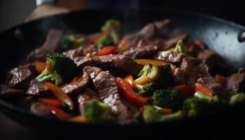 Freshness and gourmet stir fried meal with broccoli, onion, and bell pepper generated by AI photo