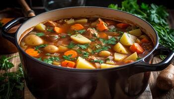 rústico vegetal sopa con cocido zanahoria, papa, y Fresco perejil generado por ai foto